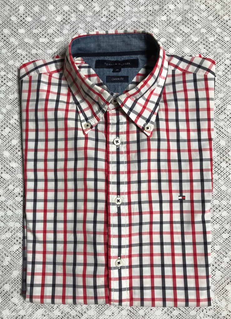 Tommy Hilfiger Shirt Mens Size XL Button Down Long Sleeve Plaid Custom Fit  Red.