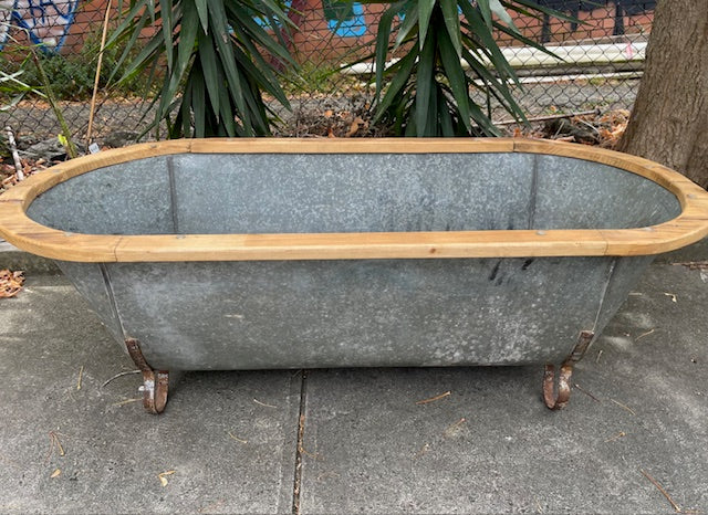 Vintage European Galvanised Tin Bath with  Wooden Trim #6724