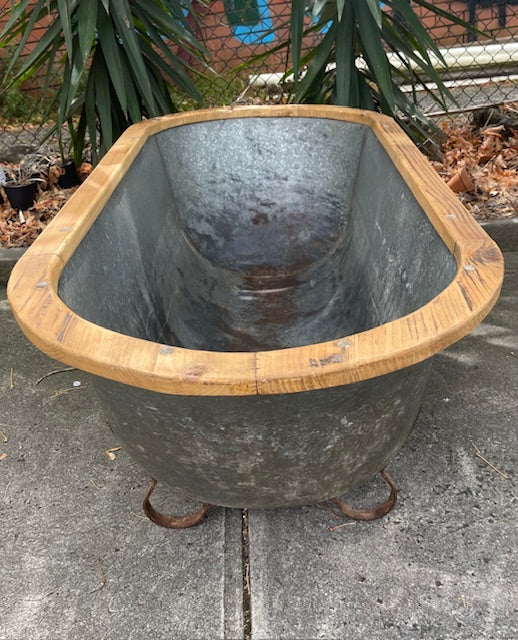 Vintage European Galvanised Tin Bath with  Wooden Trim #6724