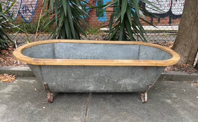 Vintage European Galvanised Tin Bath with  Wooden Trim #6724