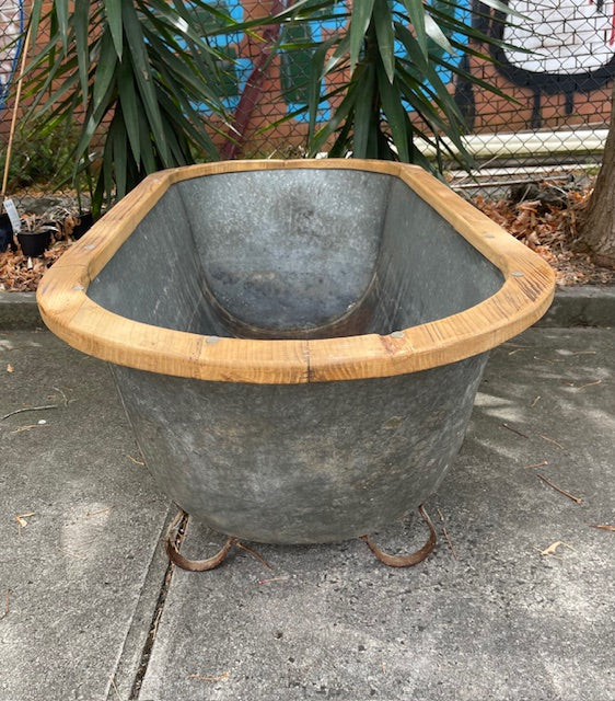 Vintage European Galvanised Tin Bath with  Wooden Trim #6724