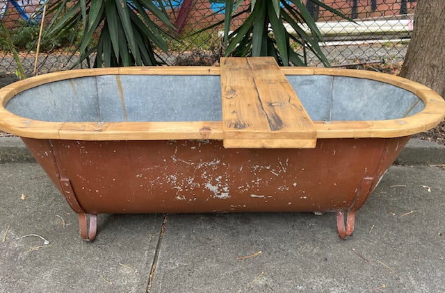 Vintage European Galvanised Tin Bath with  Wooden Trim #6725