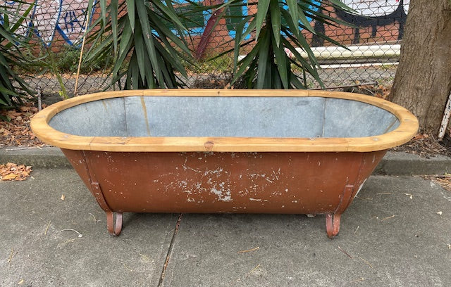 Vintage European Galvanised Tin Bath with  Wooden Trim #6725