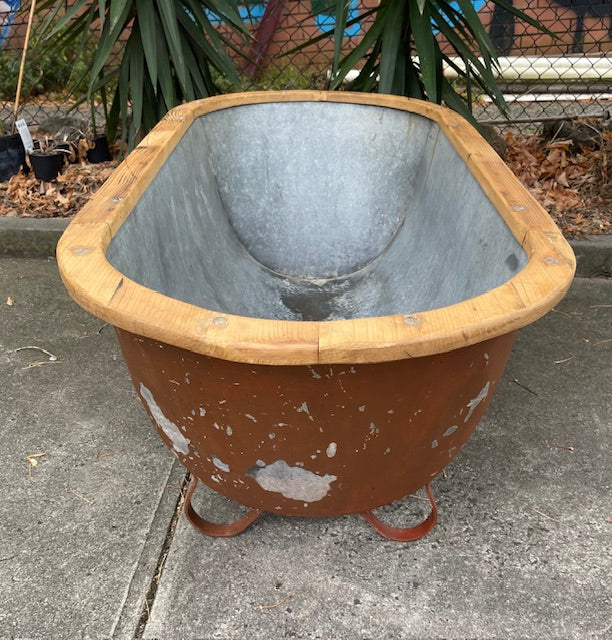 Vintage European Galvanised Tin Bath with  Wooden Trim #6725