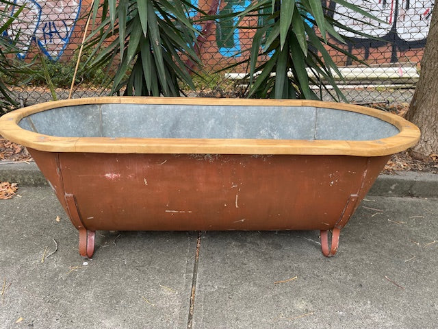 Vintage European Galvanised Tin Bath with  Wooden Trim #6725