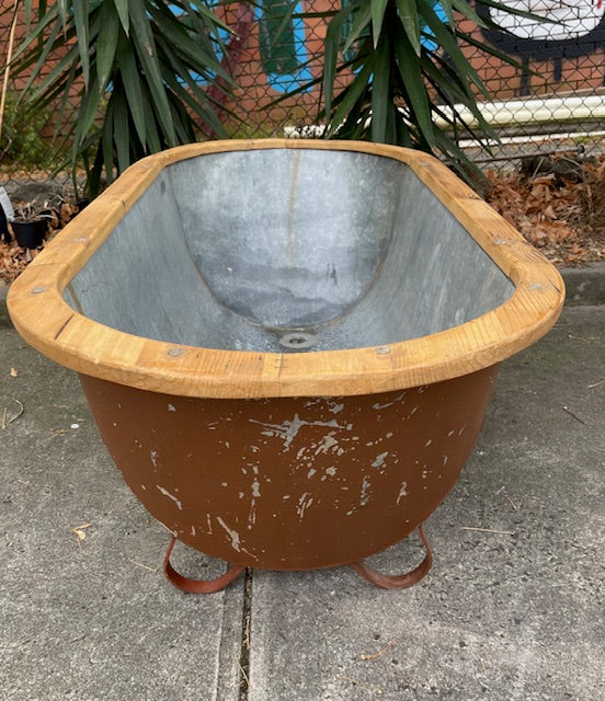 Vintage European Galvanised Tin Bath with  Wooden Trim #6725