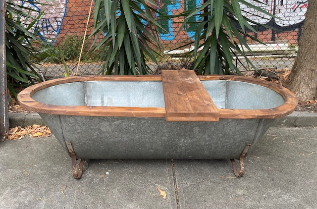 Vintage European Galvanised Tin Bath with  Wooden Trim #6726