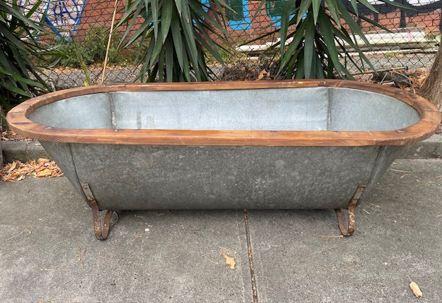 Vintage European Galvanised Tin Bath with  Wooden Trim #6726