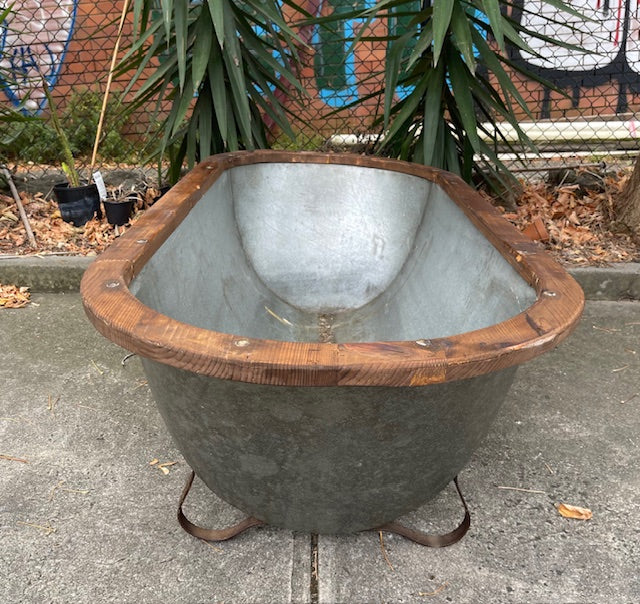 Vintage European Galvanised Tin Bath with  Wooden Trim #6726