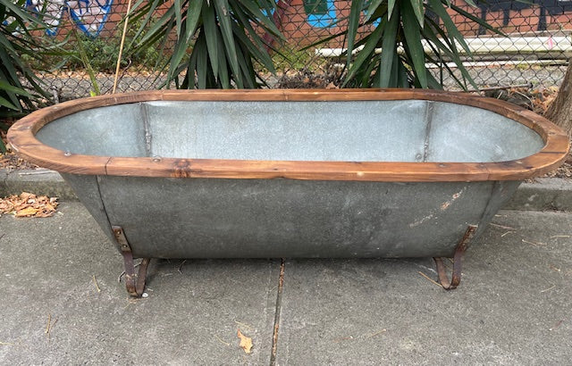 Vintage European Galvanised Tin Bath with  Wooden Trim #6726