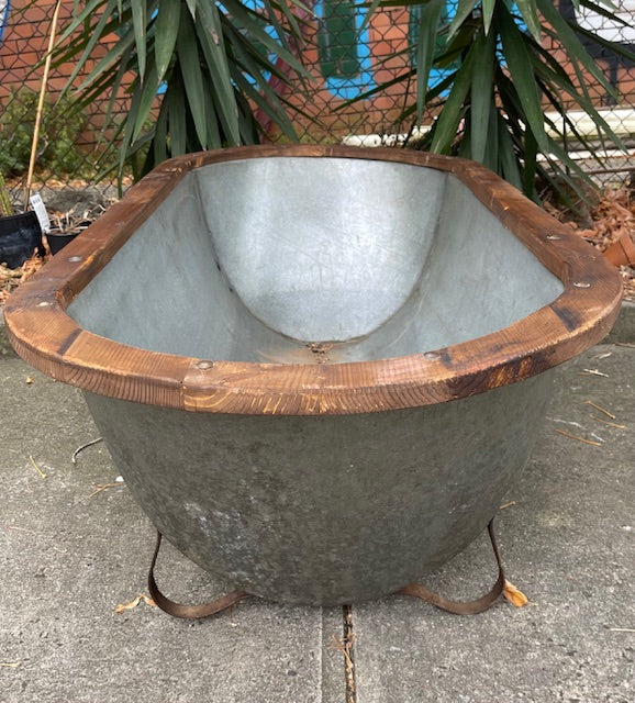 Vintage European Galvanised Tin Bath with  Wooden Trim #6726