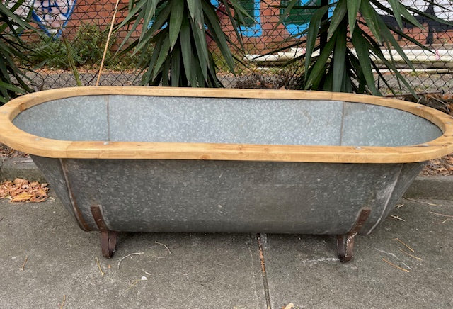 Vintage European Galvanised Tin Bath with  Wooden Trim #6727