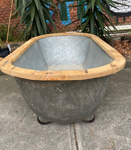 Vintage European Galvanised Tin Bath with  Wooden Trim #6727