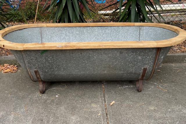 Vintage European Galvanised Tin Bath with  Wooden Trim #6727