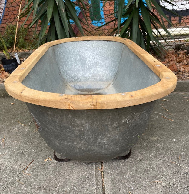 Vintage European Galvanised Tin Bath with  Wooden Trim #6727