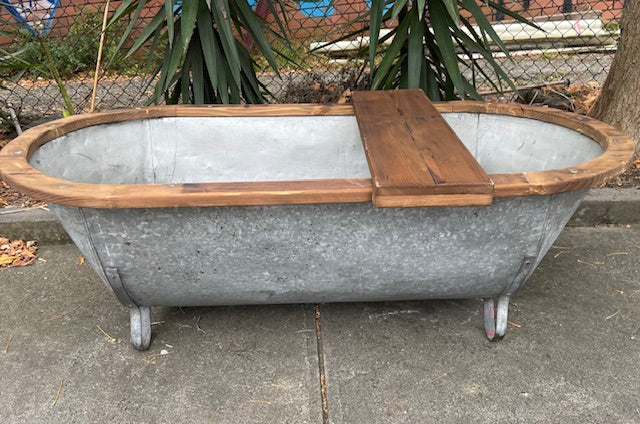 Vintage European Galvanised Tin Bath with  Wooden Trim #6728