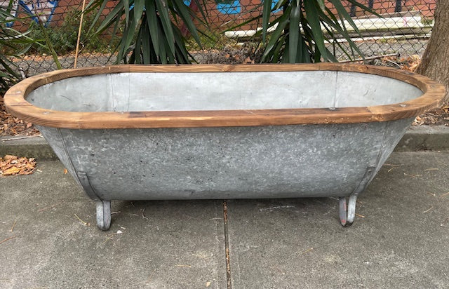 Vintage European Galvanised Tin Bath with  Wooden Trim #6728