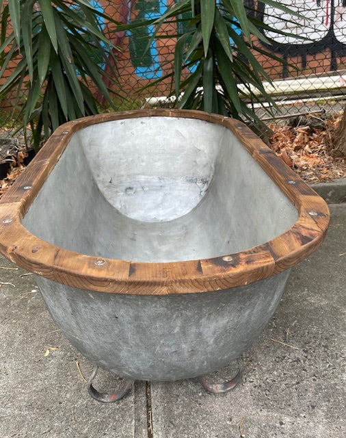 Vintage European Galvanised Tin Bath with  Wooden Trim #6728