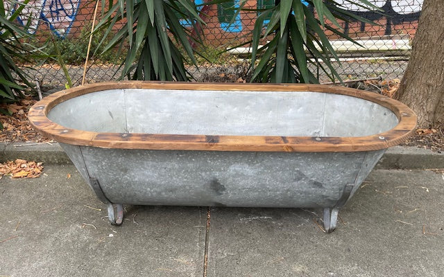 Vintage European Galvanised Tin Bath with  Wooden Trim #6728