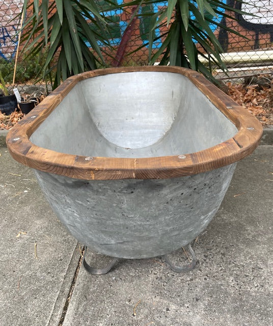 Vintage European Galvanised Tin Bath with  Wooden Trim #6728