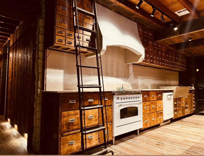 # Gallery 58 Vintage 7.5m General Store Draw Unit transformed into a Kitchen @aclandcottage_est2022