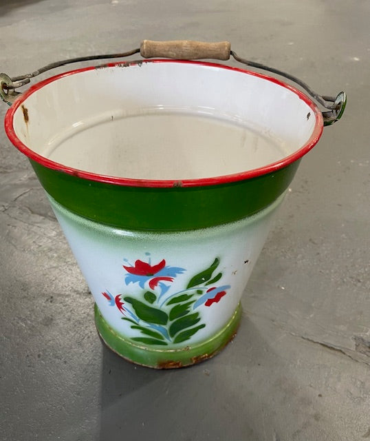 Vintage Hungarian Painted   Enamel Water Bucket  #6277