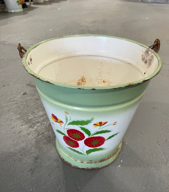 Vintage Hungarian Painted   Enamel Water Bucket  #6279