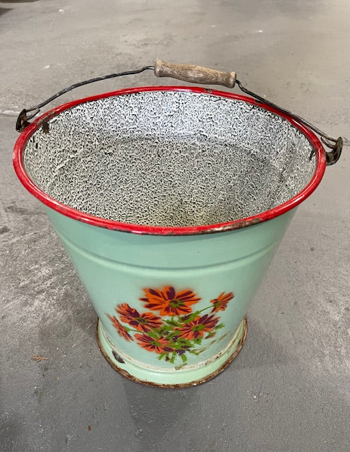 Vintage Hungarian Painted   Enamel Water Bucket  #6280