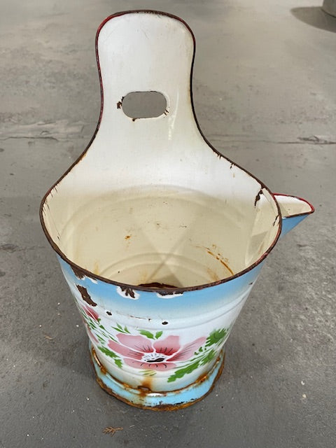 Rustic Hungarian Painted   Enamel Water Bucket with Spout   #6281