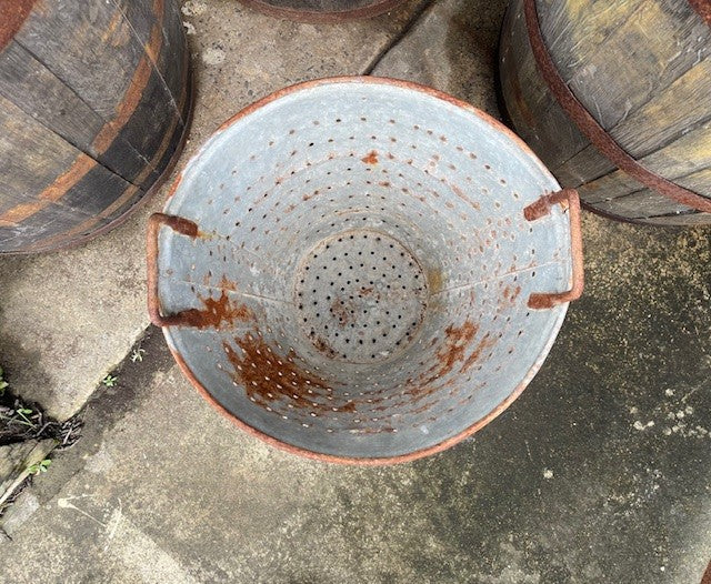 Vintage Turkish Galvanised Round Hole  Olive Picking Bucket  #6525  Byron