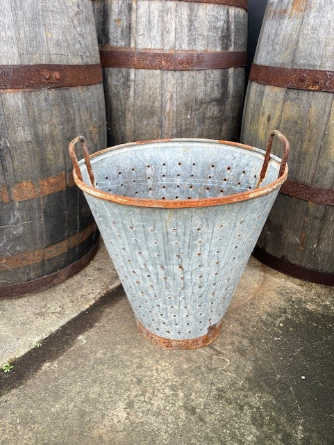 Vintage Turkish Galvanised Round Hole  Olive Picking Bucket  #652  8Byron