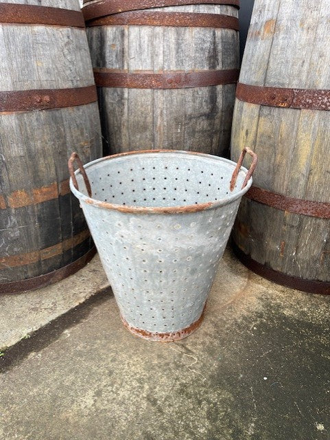 Vintage Turkish Galvanised Round Hole  Olive Picking Bucket  #6526  Byron