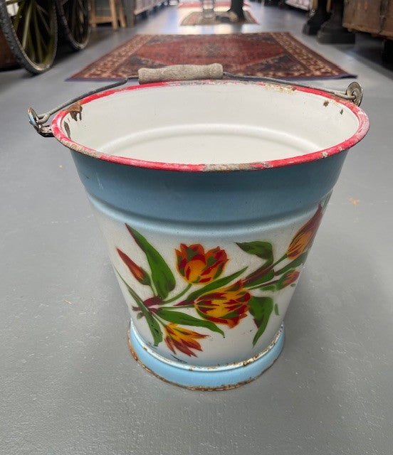 Vintage Hungarian Painted   Enamel Water Bucket  #6211  Byron