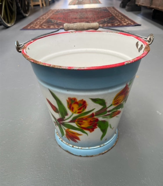 Vintage Hungarian Painted   Enamel Water Bucket  #6211  Byron