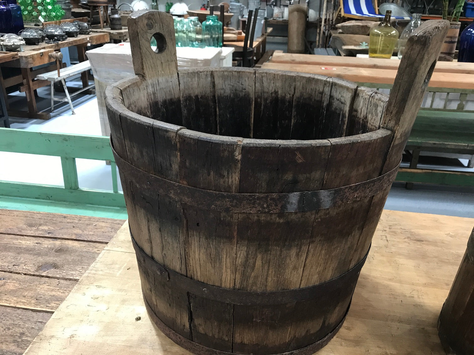 Vintage industrial French oak round wine barrel #1983/1